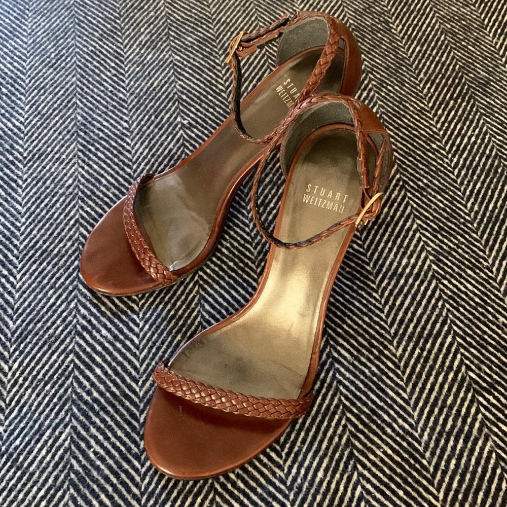 Stuart Weitzman Brown Braided Leather Ankle Strap Heels